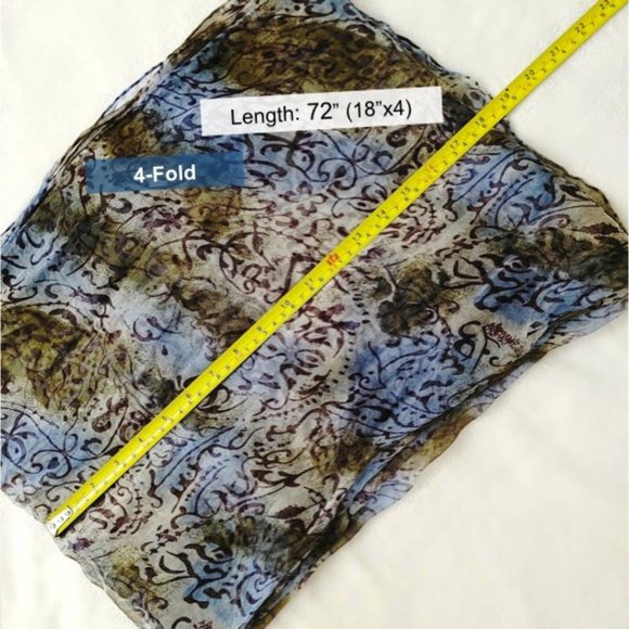 100% Silk Rectangle Long Scarf Sheer Blue Brown Floral Print Soft Lightweight - Picture 9 of 11